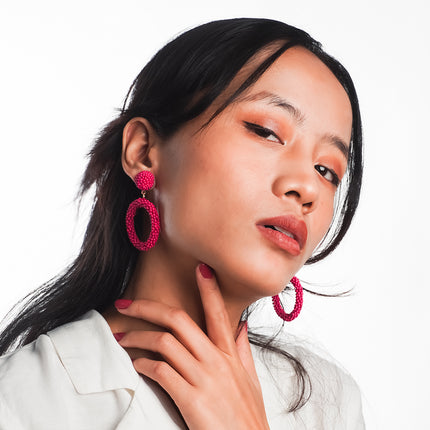 Handmade Red Beaded Hoop Earrings