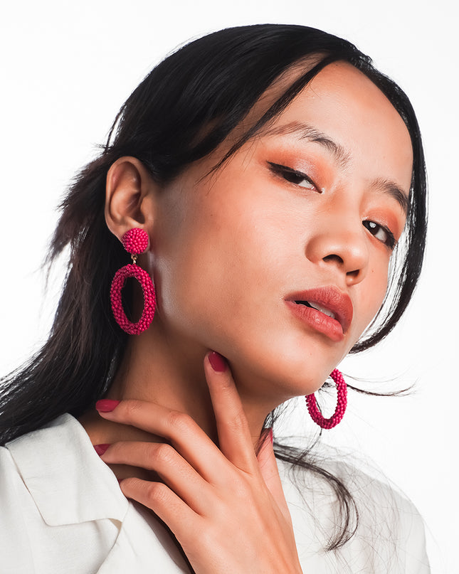 Handmade Red Beaded Hoop Earrings