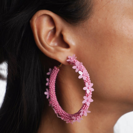 Pink Floral Hoop Earrings