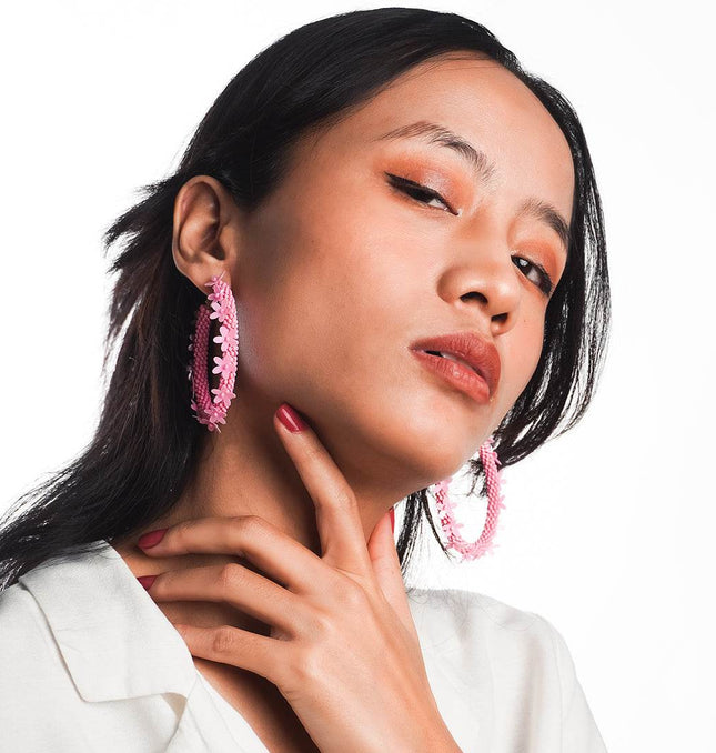 Pink Floral Hoop Earrings - HASHTACK