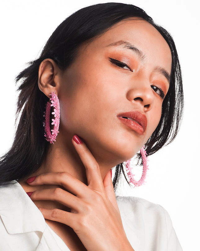 Pink Floral Hoop Earrings