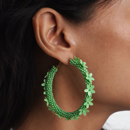 Green Floral Hoop Earrings