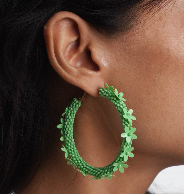 Green Floral Hoop Earrings - HASHTACK