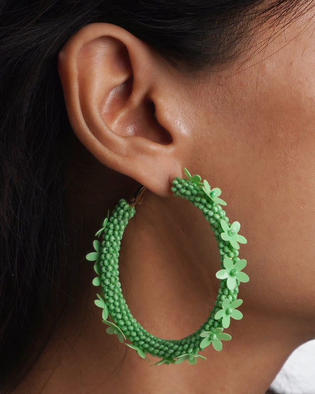 Green Floral Hoop Earrings