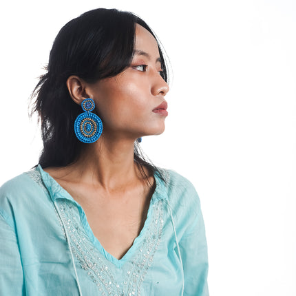 Blue Round Beaded Earrings