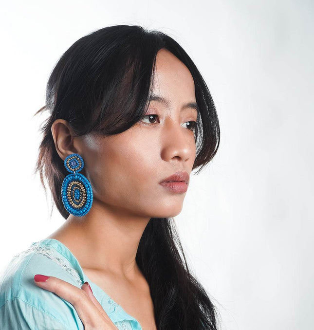 Blue Round Beaded Earrings - HASHTACK