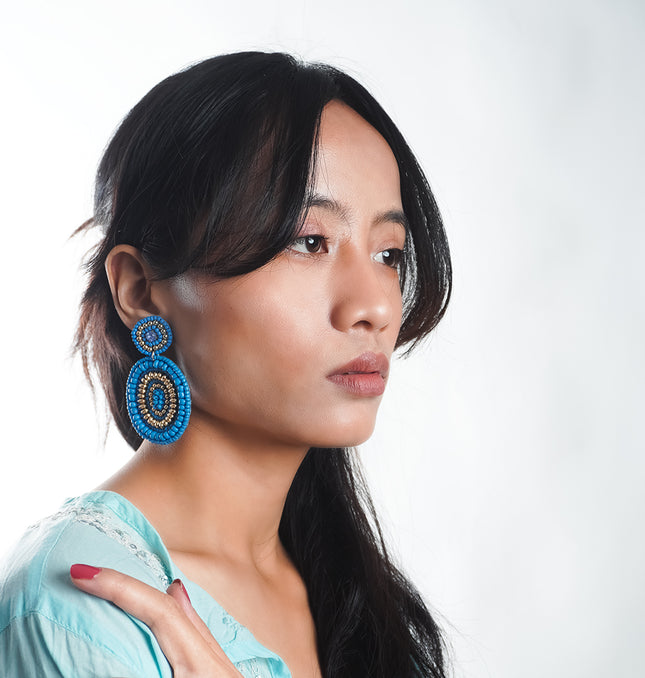 Blue Round Beaded Earrings