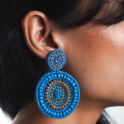 Blue Round Beaded Earrings