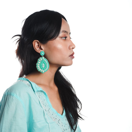 Green Pearl Drop Half Flower Earrings