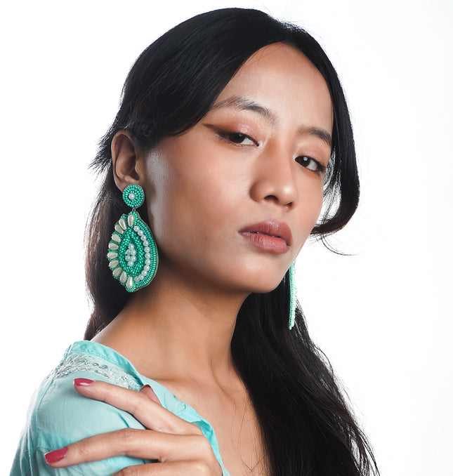 Green Pearl Drop Half Flower Earrings