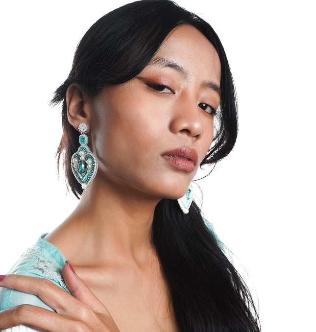 Green Pearl & Stone Heart Drop Earrings