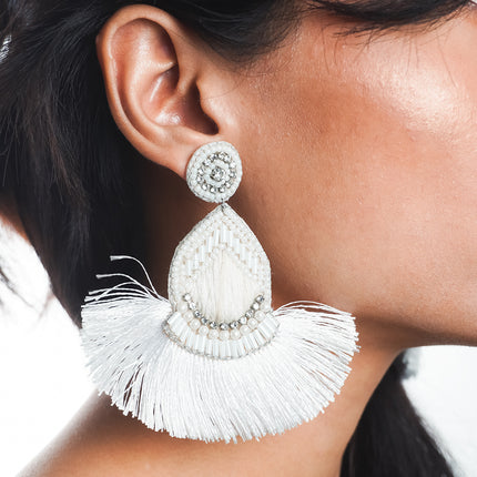 White Beaded Drop Tassel Earrings