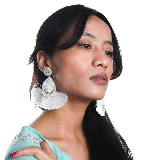 White Beaded Drop Tassel Earrings