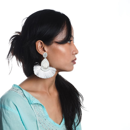 White Beaded Drop Tassel Earrings