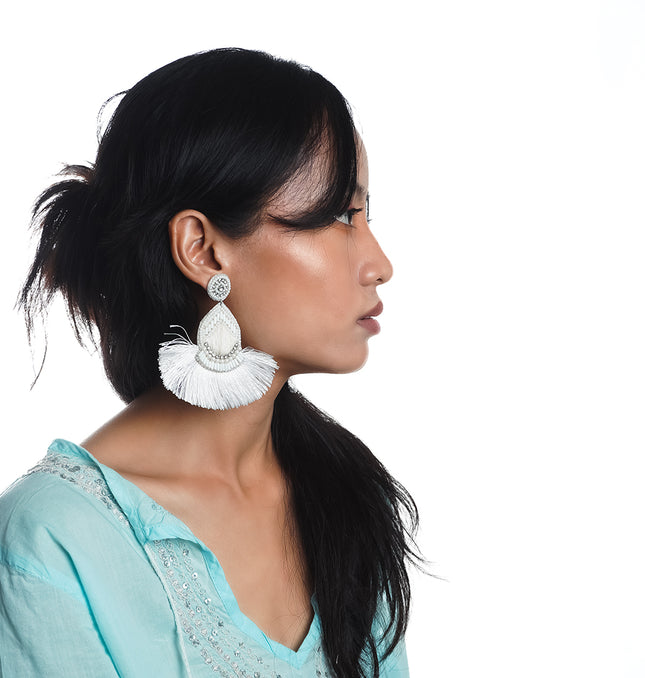 White Beaded Drop Tassel Earrings