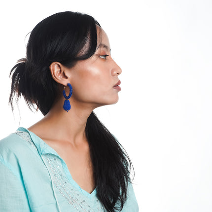 Royal Blue Beaded Drop Hoop Earrings