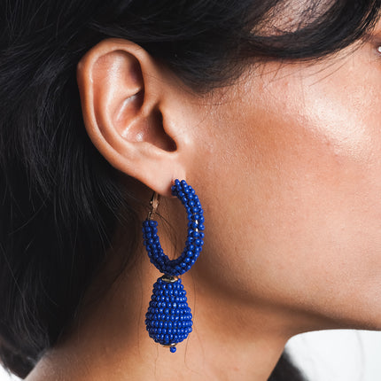 Royal Blue Beaded Drop Hoop Earrings