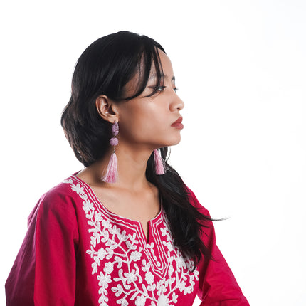 Pink Beaded Hoop Earrings with Tassels