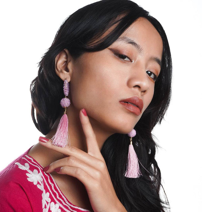 Pink Beaded Hoop Earrings with Tassels - HASHTACK