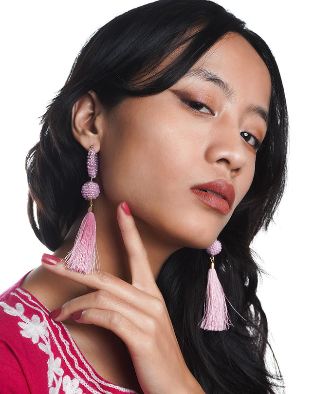 Pink Beaded Hoop Earrings with Tassels