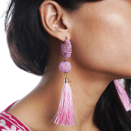 Pink Beaded Hoop Earrings with Tassels