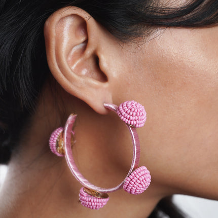 Vivid Pink Beaded Hoop Earrings