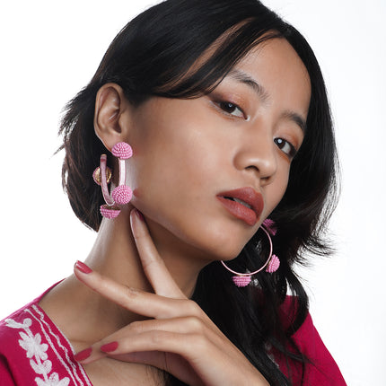 Vivid Pink Beaded Hoop Earrings