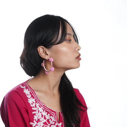 Vivid Pink Beaded Hoop Earrings