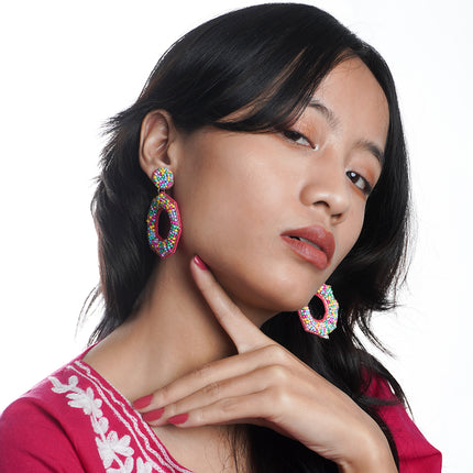 Colorful Beaded Geometric Hoop Earrings