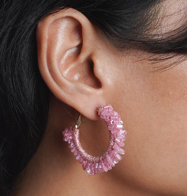 Pink Beaded Hoop Earrings - HASHTACK