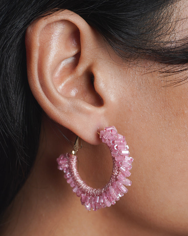 Pink Beaded Hoop Earrings