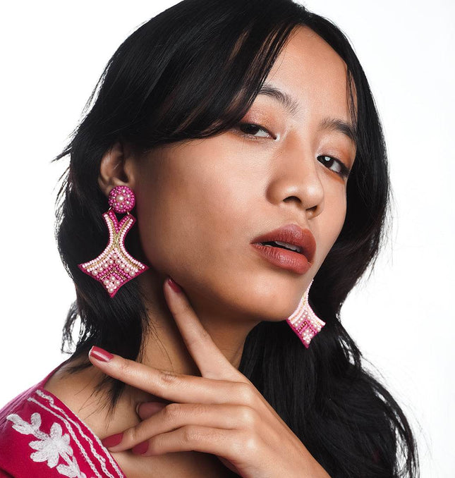 Multi Pink Beaded Arc Earrings - HASHTACK