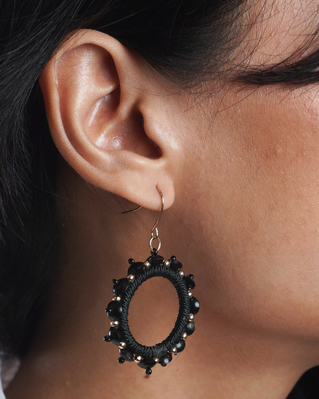 Round Black Beaded Handmade Hoops