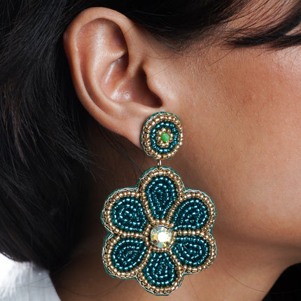 Green Beaded Flower Earrings