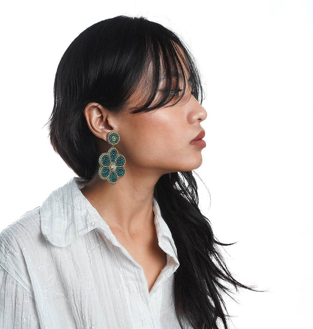 Green Beaded Flower Earrings - HASHTACK