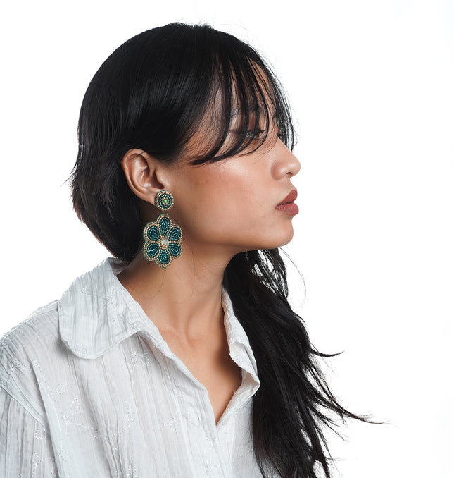 Green Beaded Flower Earrings