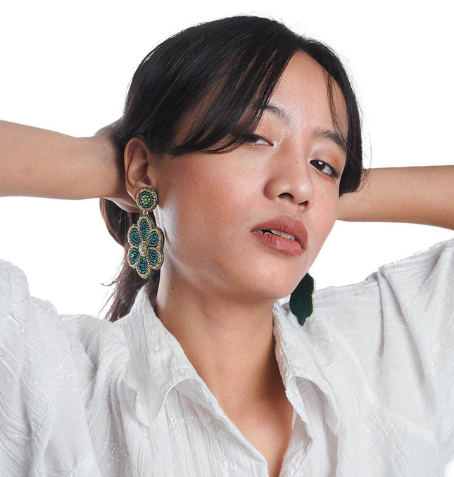 Green Beaded Flower Earrings - HASHTACK