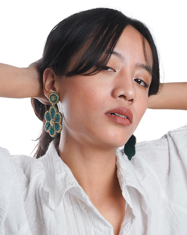 Green Beaded Flower Earrings