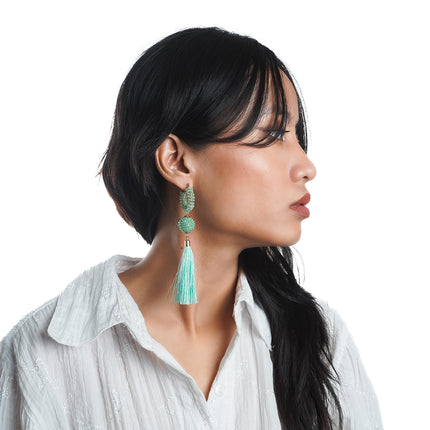 Green Beaded Tassel Earrings