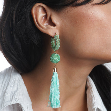 Green Beaded Tassel Earrings