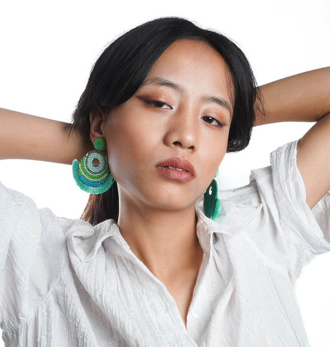 Green Tassel With Beaded Chandbali - HASHTACK