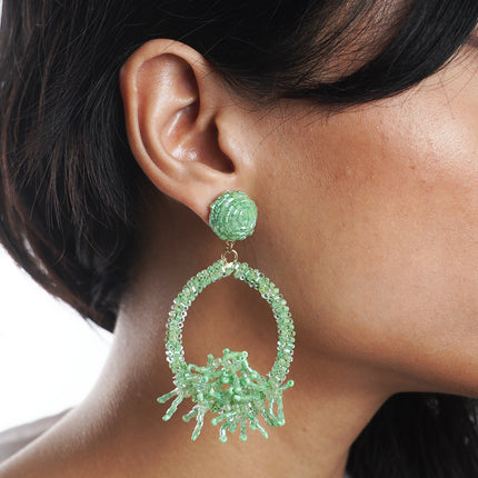 Vibrant Green Beaded Hoop Earrings with Fringe Accents