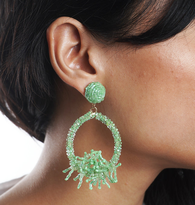 Vibrant Green Beaded Hoop Earrings with Fringe Accents