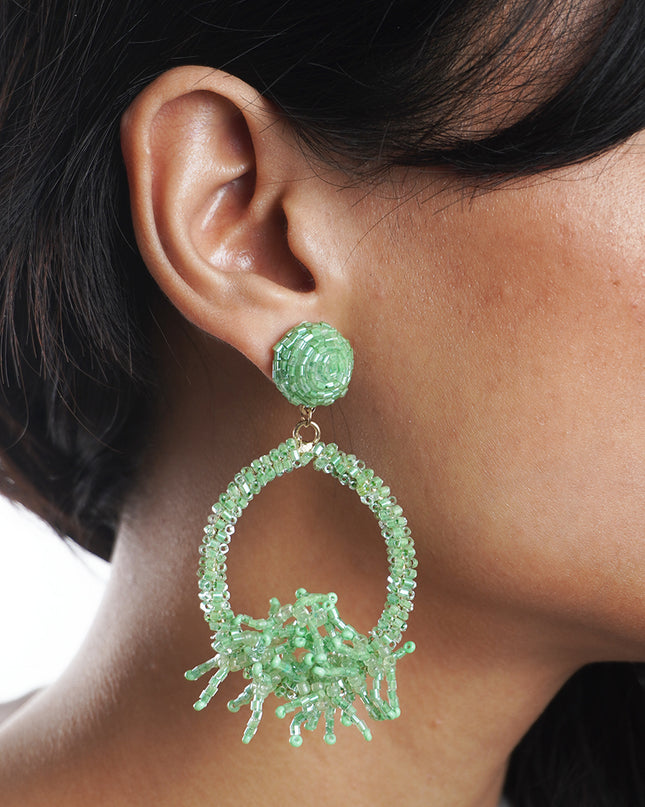 Vibrant Green Beaded Hoop Earrings with Fringe Accents