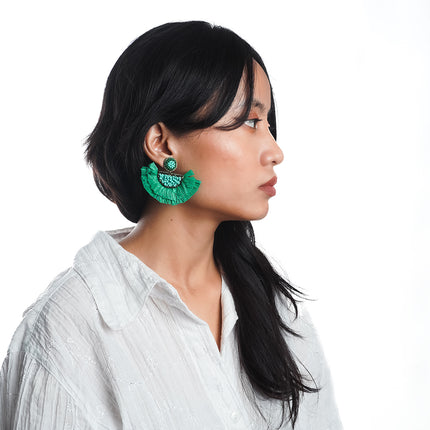 Green Rafia Small Fan Earrings