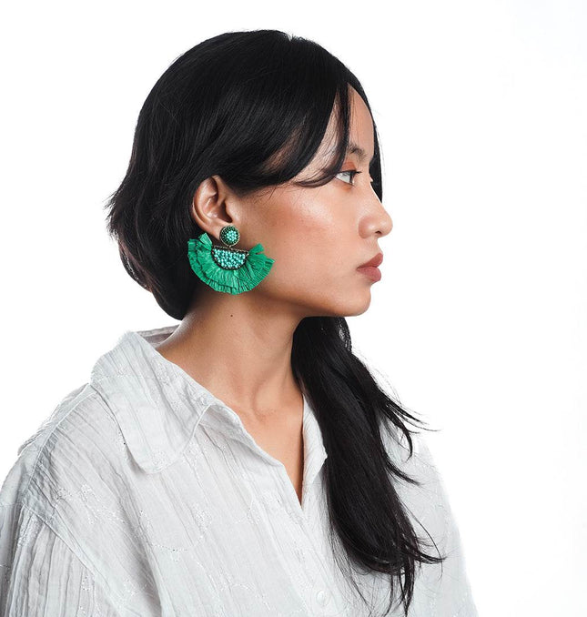 Green Rafia Small Fan Earrings - HASHTACK
