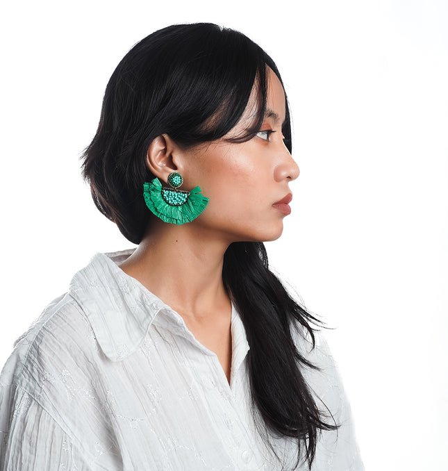 Green Rafia Small Fan Earrings