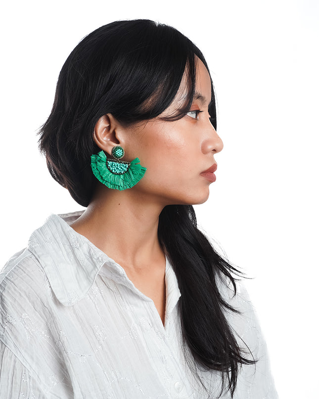 Green Rafia Small Fan Earrings