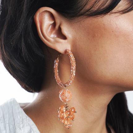 Sparkling Peach Beaded Hoop Earrings