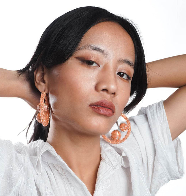 Peach 3 Ball In Beaded Hoops - HASHTACK